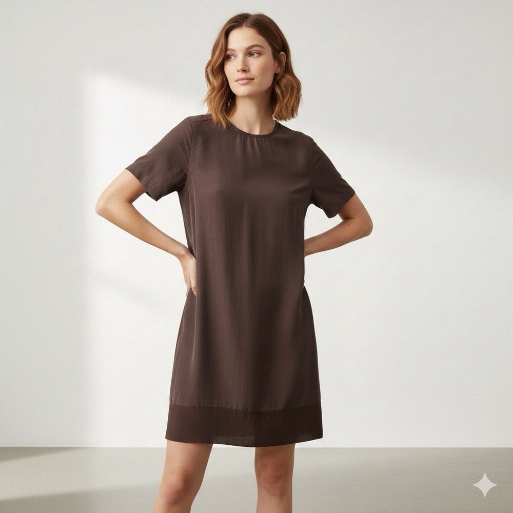 Alexander Wang Silk Shift Dress Brown Short Sleeve Mini Designer Minimalist Sz M - Picture 1 of 11